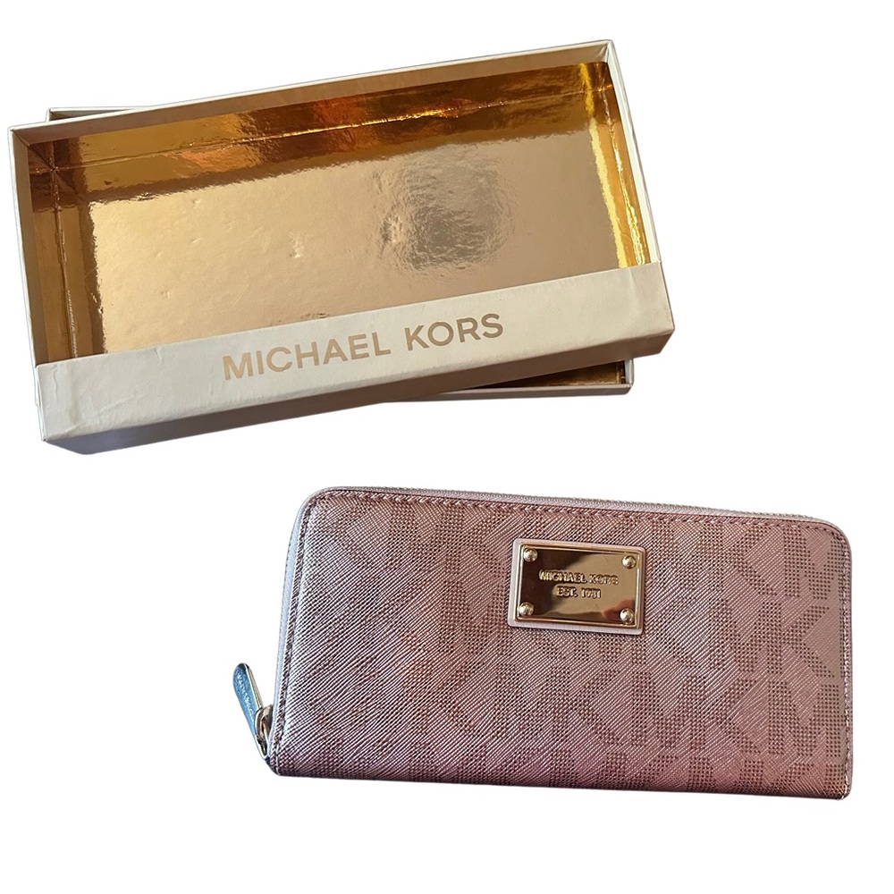 MICHAEL MICHAEL KORS JET SET 18K ROSE GOLD WALLET MK SIG MET SAFFIANO NWT